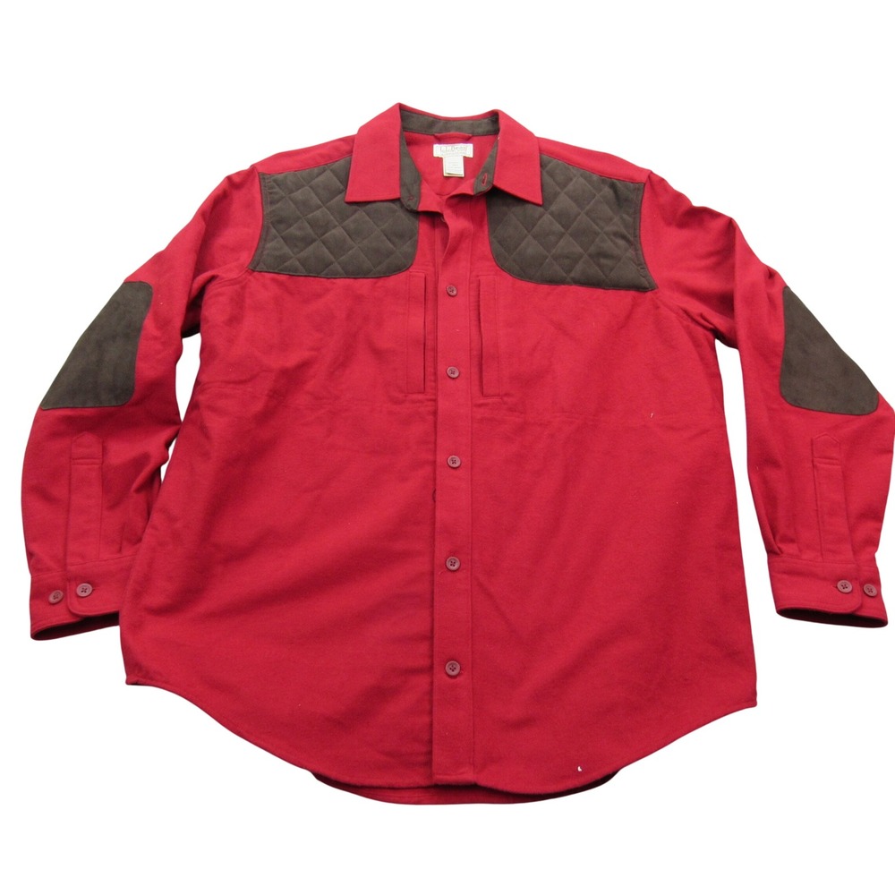 LL Bean Mens Red Chamois Cloth Shooting Shirt Quilted Shoulder Patch L 283362